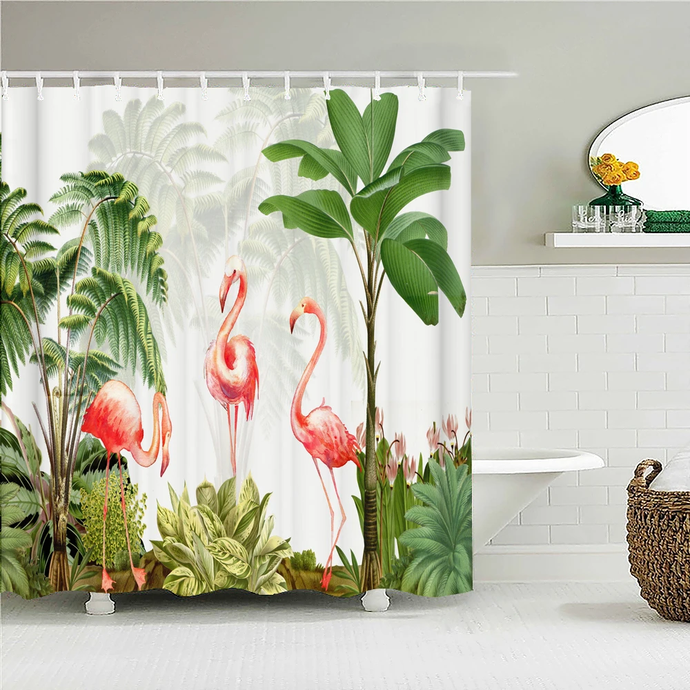 

Flamingo Pattern Fabric Shower Curtain Waterproof Tropical Plant Palm Trees Bath Curtains for Bathroom Decor with 12 Hooks