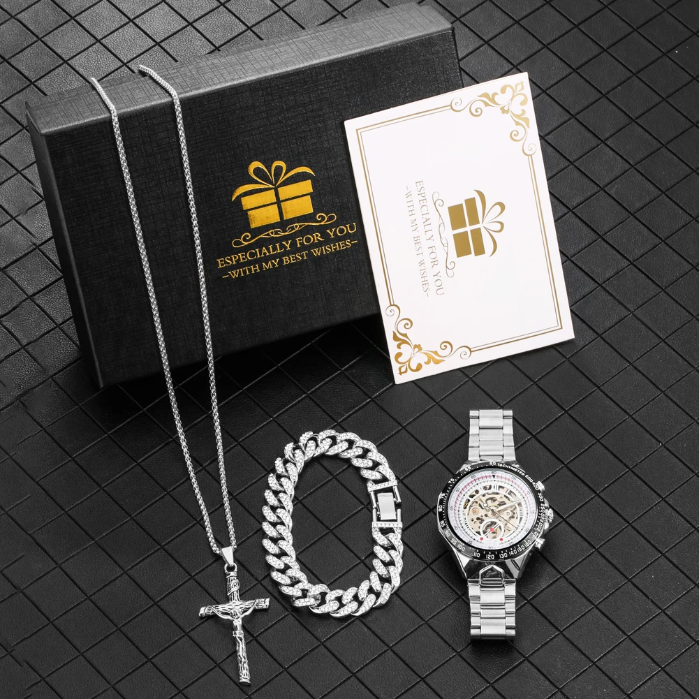 Silver Luxury Men's Watch Gift Set Men's Automatic Mechanical Watches Fashion Bracelet Necklace Birthday Gift Suit with Box Male