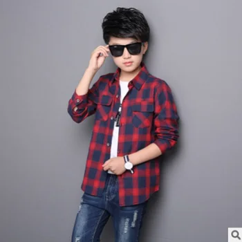 

Boys Shirt 2019 New Spring/Autumn Boys Casual Shirt 2 Pockets 2 Plaid colors Leisure Turn-Down Collar Shirt Tide Size6-14 ly161