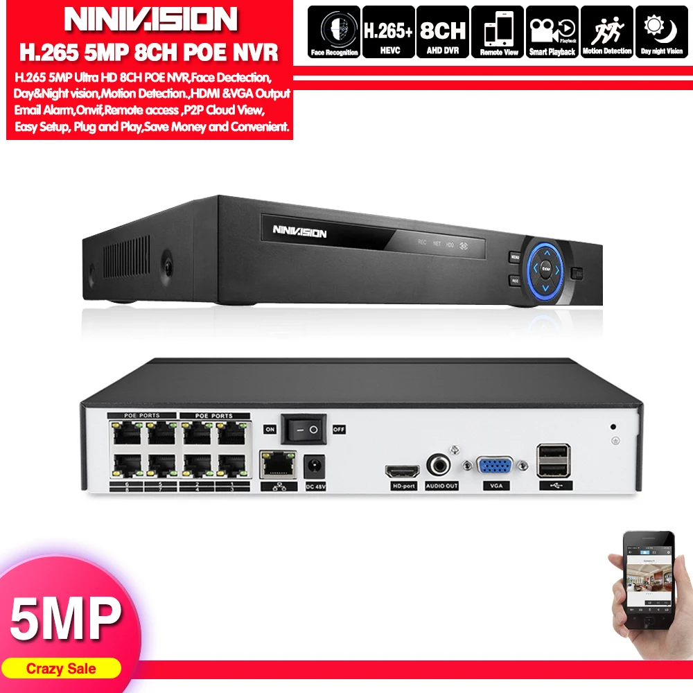 NINIVISION H.265 4CH 8CH 4MP 5MP PoE NVR для POE ip камеры системы наблюдения 48 В 802.3af ONVIF CCTV XMEYE