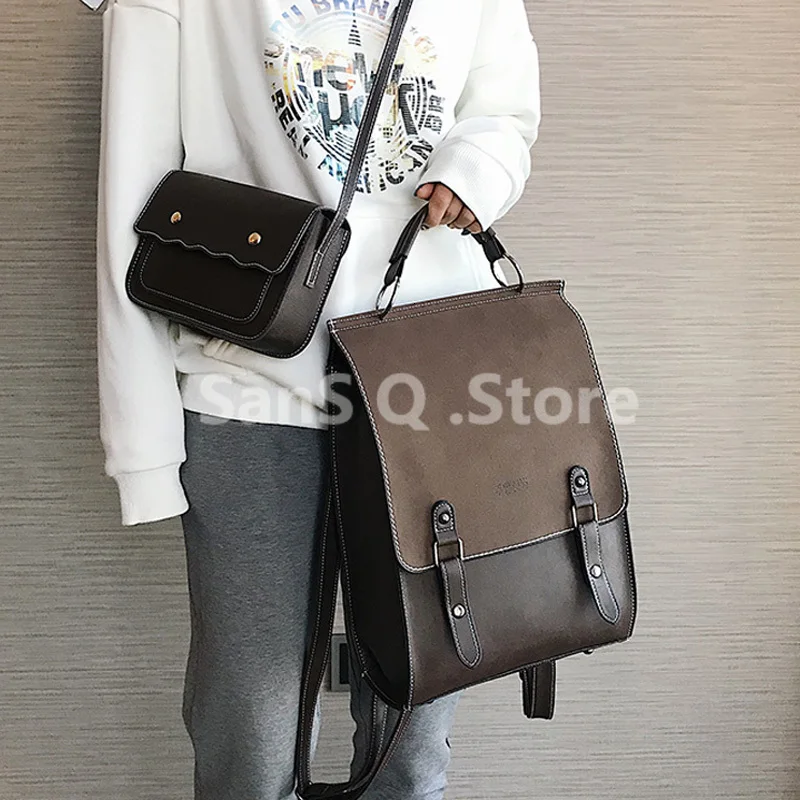 

Backpack Fashion Women 2pcs Set Backpacks PU Leather School Bag for Girls Casual Style A4 Paper Vintage Backpacks Shoulder Bags