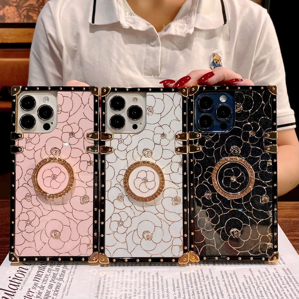 

Luxury square flower phone case with diamond stand for iPhone 13 13Pro 14 14Pro 12 12Pro 11 15ProMax anti-drop protective case
