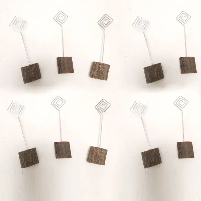 

10pcs Rustic Natural Wood Base Iron Wire Table Name Number Place Card Holder Memo Note Photo Picture Clip Wedding Party Decor
