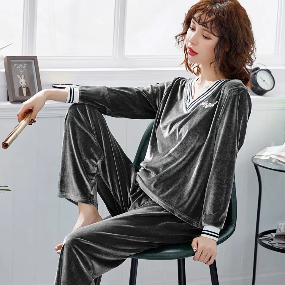Осень-зима, тонкая мягкая бархатная Пижама, набор, Женская длинная Пижама, Пижама для пары, Корейская домашняя пижама, кардиган, пижама DSFZ - Цвет: women V  gray