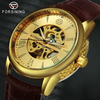 

Luxury Men's Skeleton Watches WINNER Brand Male Automatic Mechanical Wrist Watches Full Stainless Steel Clock Leather Strap +BOX