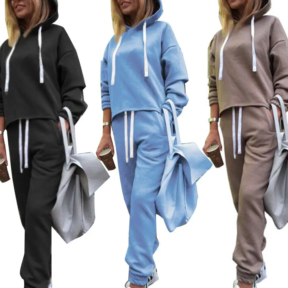 

2Pcs/Set Sports Women Solid Color Drawstring Hooded Sweatshirt Pants Tracksuit Suitable for all kinds of sports or casual wear