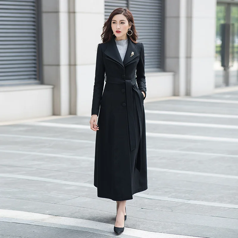 

Winter Woman Coats 2019 Autumn and Winter New Ultra Long Black Large Size Woolen Coat Waist Was Thin Wild Versatile Coat Female