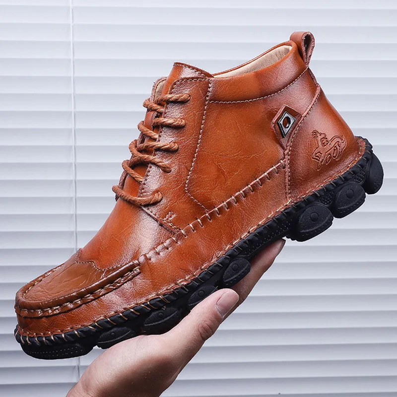 

Puimentiua High Quality Genuine Leather Men Boots Fashion Lace Up Shoes Male Cow Leather Man Brown Ankle Boots Autumn Plus Size