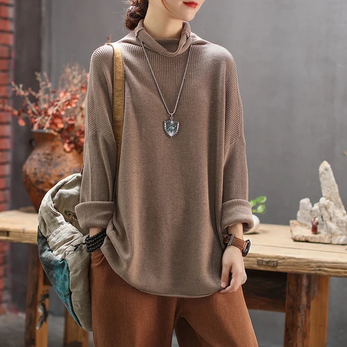 Light Brown sweaters Женский свитер с высоким воротом большого размера, джемпер, зима, свободный свитер с высоким воротом, Повседневные вязаные винтажные свитера для женщин Z3 - Цвет: Light Brown sweaters