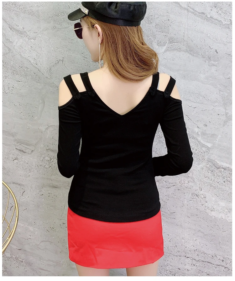 Korean Sexy Hollow Out Off Shoulder Button Tshirt Autumn Winter Women Long Sleeve Pullover Back Top Camiseta Mujer T98202