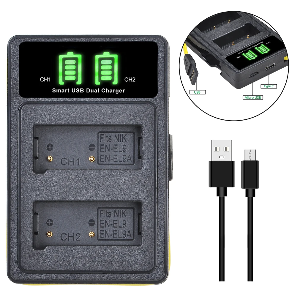 EN-EL9 EN-EL9a EN EL9 ENEL9 ENEL9a LED Dual Battery Charger with Type C for Nikon D40 D40X D60 D3000 D5000 Digital Camera | Электроника