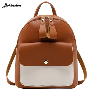 

Bokinslon Contrasting Casual Small Backpack Fashionable Women's PU Leather Backpack Small Round Bag Ladies
