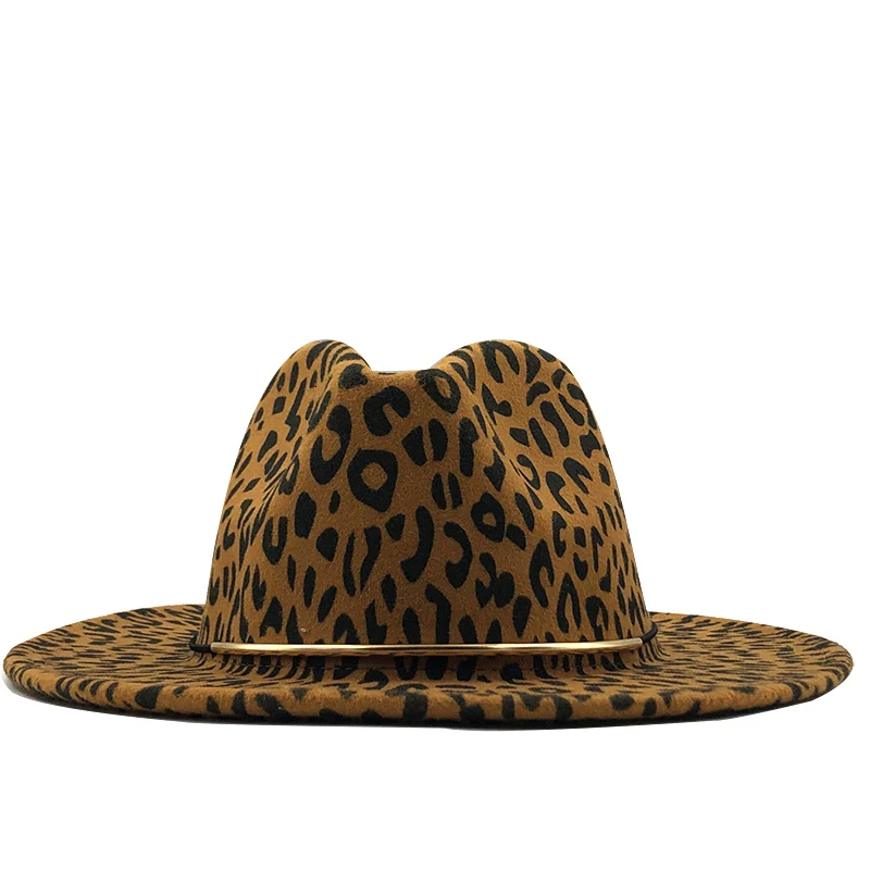 Тренд унисекс плоские полями шерсть фетр Джаз Fedora шляпы мужские и женские леопардовые зерна кожаный ремешок Декор Трилби Панама Формальные шляпы
