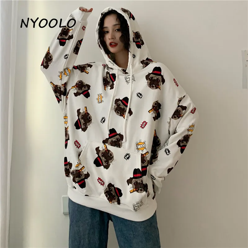 NYOOLO Harajuku стиль мультфильм собака печати Свободные толстовки осень уличная одежда с длинным рукавом капюшоном пуловеры толстовка женская ткань топ