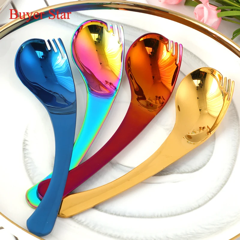 

2PCS Creative 18/10 Stainless Steel Bend Dessert Spoon 2 in 1 Salad Spoon Fork Colorful Fruit Sporks Kitchen Tableware Utensils