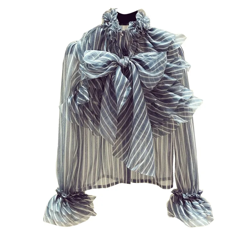 Шифоновая рубашка в полоску с длинным рукавом женская блузка оборками и бантом