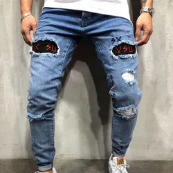 Pantalones vaqueros rasgados para hombre, Jeans ajustados de retales azules con agujeros, ropa de calle informal de motorista, ropa vaquera de alta calidad