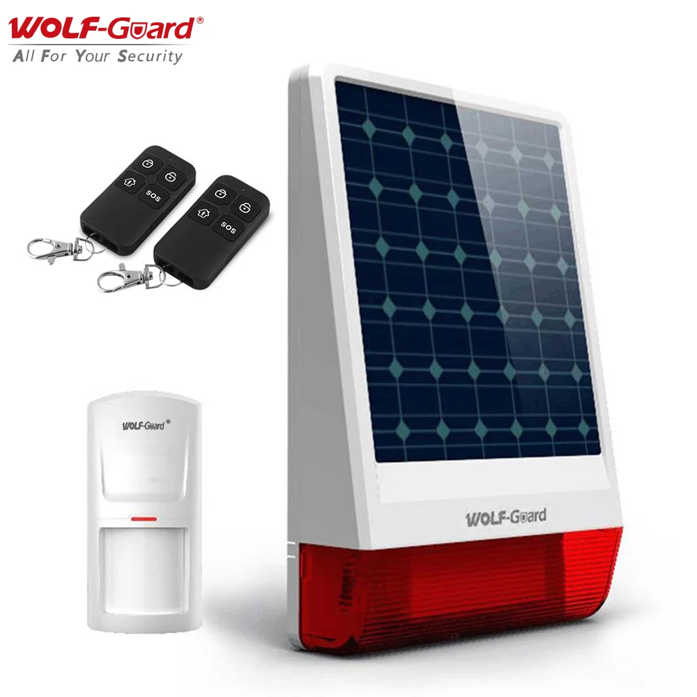 Wolf-Guard-sirena Solar inalámbrica a prueba de clima para exteriores, sistema antirrobo de ALARMA DE SEGURIDAD PARA EL HOGAR para tienda, granja y cobertizo, bricolaje