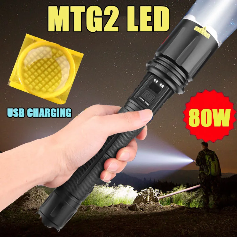 

New LED Flashlight 80W USB Rechargeable MTG2 LED Zoomable Light Waterproof Safety Hammer Light Super Bright Camping Light