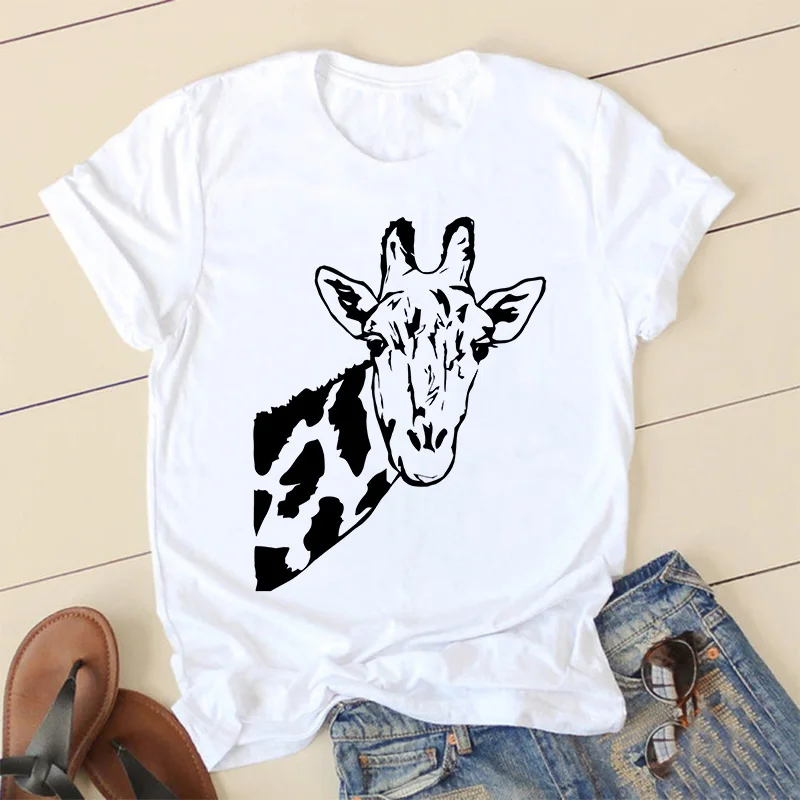Giraffe Print Pink Woman Tshirts Women's Summer Harajuku Fun Cute Animal Pattern T Shirt Women Tops Casual Short Sleeve T-shirt