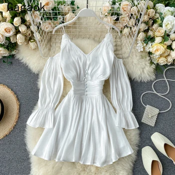 

Gagaok Women Puff Sleeve V-Neck Button Dress 2020 Summer New Sexy Slim Chic Wild Mini Solid Full Empire High Street Dresses