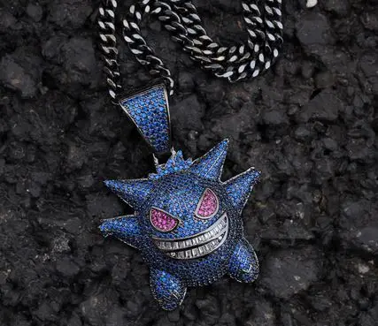 Мужское ожерелье, ювелирные изделия в стиле хип-хоп, маска Gengar, ожерелье, подвеска с покемоном, кубический циркон, медное ожерелье, подарок для мужчин, длинное ожерелье - Окраска металла: С черным покрытием, нанесенным краскопультом