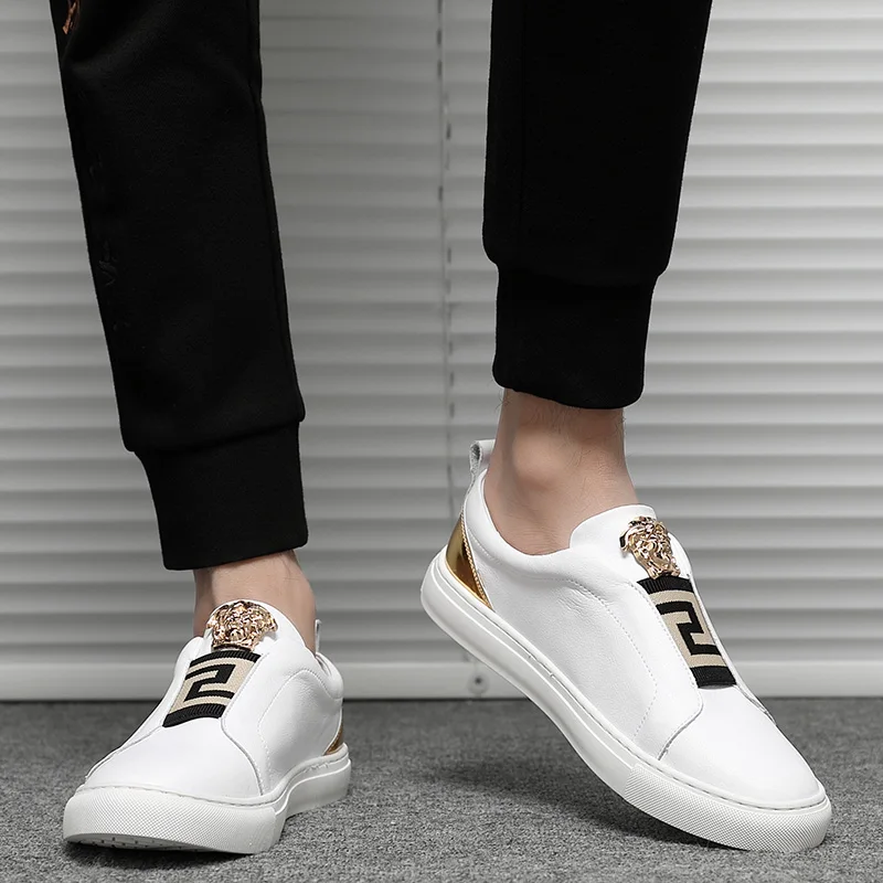 XINYIDA Genuine Leather Men Skateboarding Shoes Slip On Breathable Casual Jogging Shoes Thick Sole Increasing White Sneakers Men