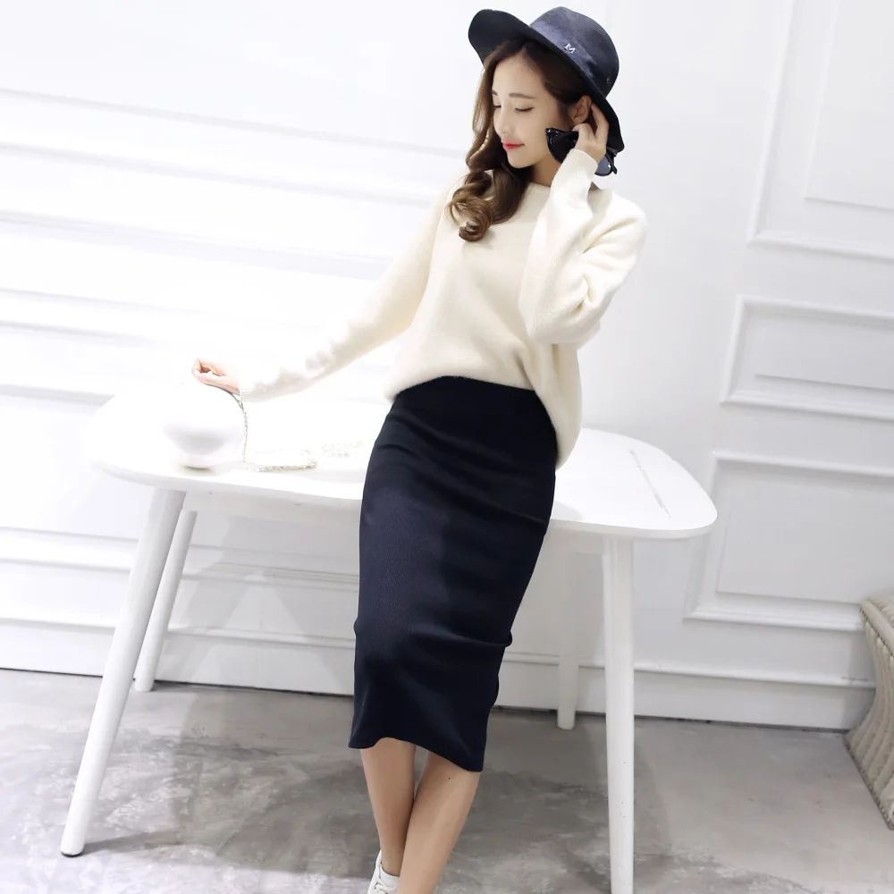

Women Female Knit Skirt 2023 Spring Summer Bodycon Skirt Women Stretchable Split Skirt Mid Calf Slim Pencil Skirts