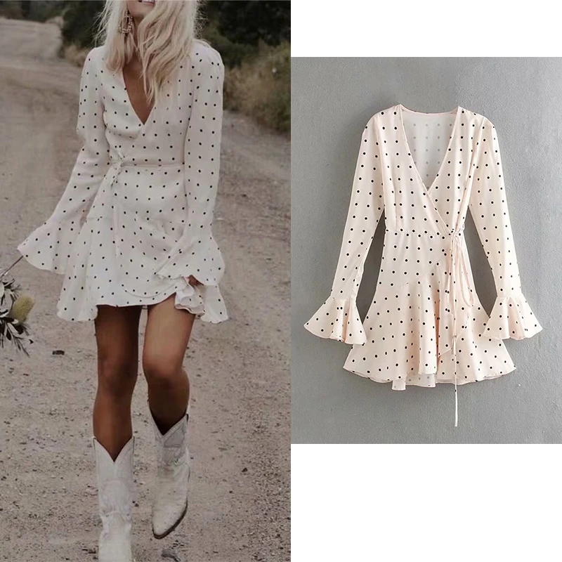 

Za 2019 women dress Women's V neck Polka Dot Print Ruffled Stripe long sleeve elegant loose dresses female vestidos