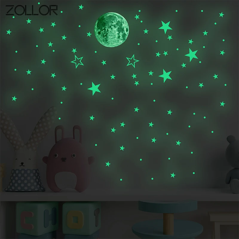 Zollor 127 Uds Estrella luminosa Luna bricolaje Set de pegatinas decorativas Inicio de techo pared auto-adhesivo Mural fiesta nocturna resplandor en la oscuridad