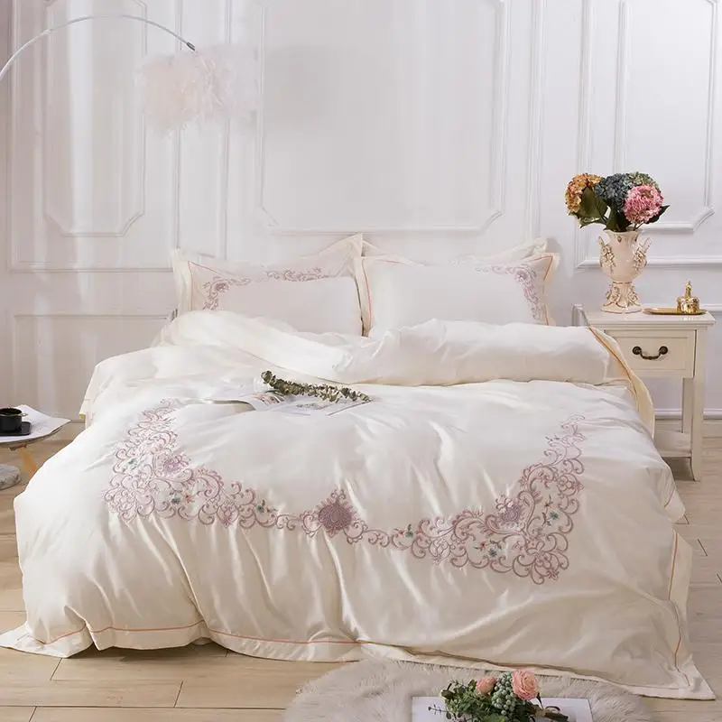 

New Luxury Satin cotton bed linen fitted sheets cream white gray Bedding Set queen king size embroidery duvet covers bedclothes