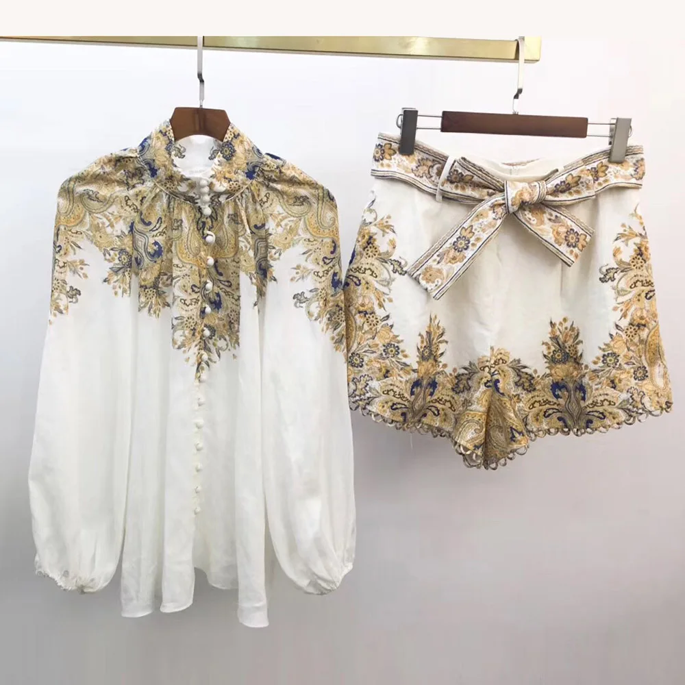 

Top Quality Linen Shorts Set 2020 Spring New Hot Sale Holiday Style Lantern Sleeve Blouses Tops And Shorts