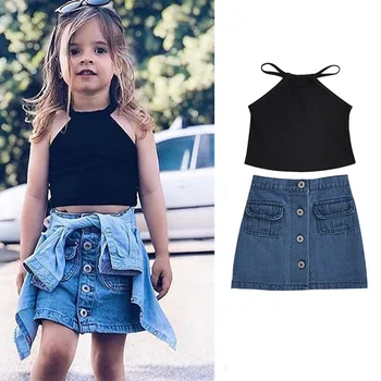 

2020 Summer Kid Girl Clothes Set Black Top+Short Denim Skirt 2pcs Suit Fashion Toddler Children Outfit