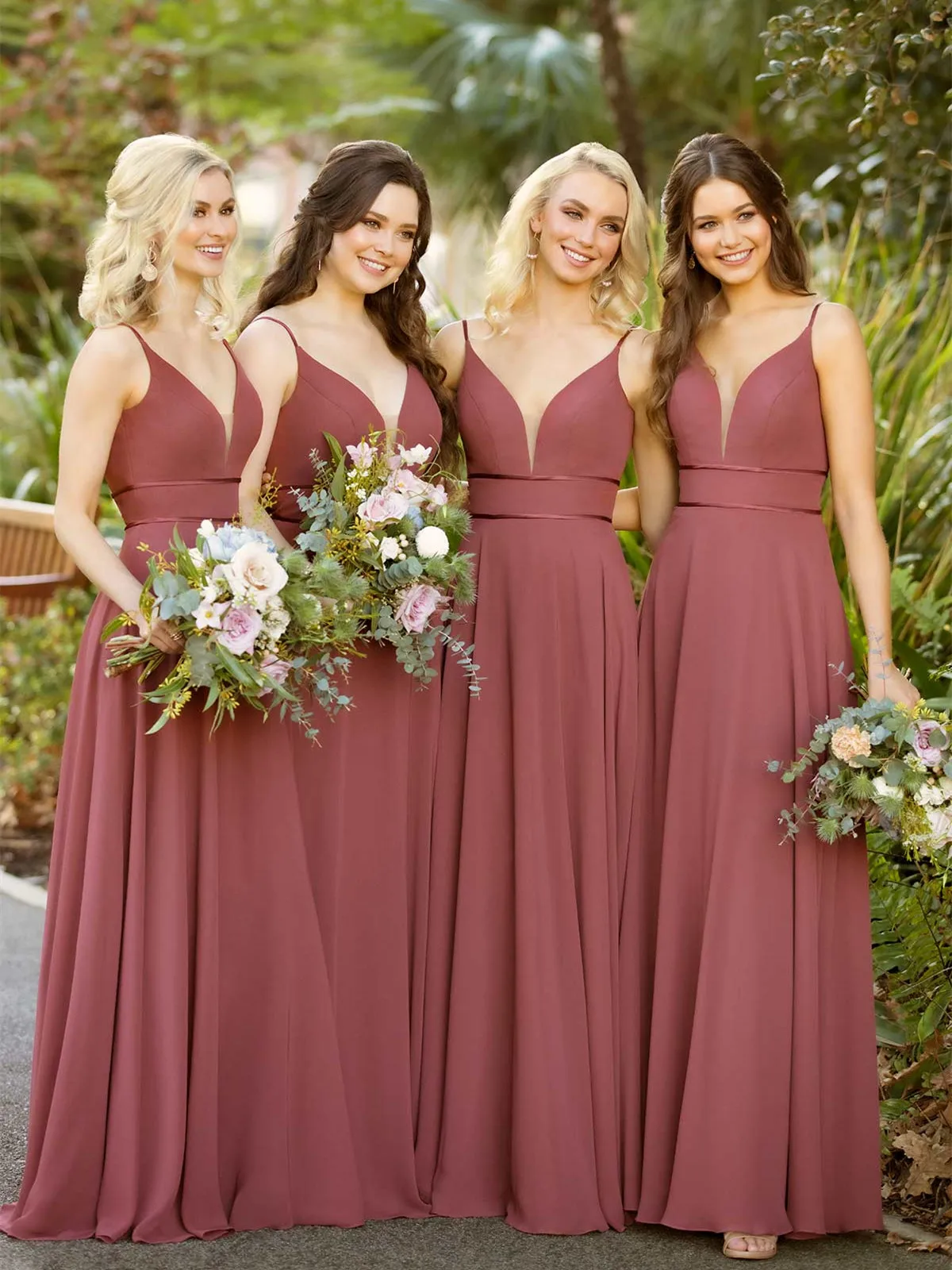 Spaghetti Straps Bridesmaid Deep V-Neck Satin Simple Long Party Gown