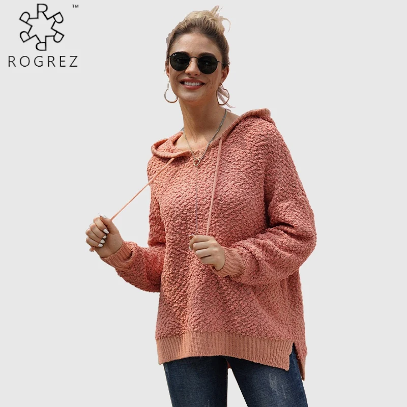 

ROGREZ Red Fashion Street Outdoor Hooded Sweater Women Pullover Knitted Cotton Loose Sweater Autumn Winter Sweaters