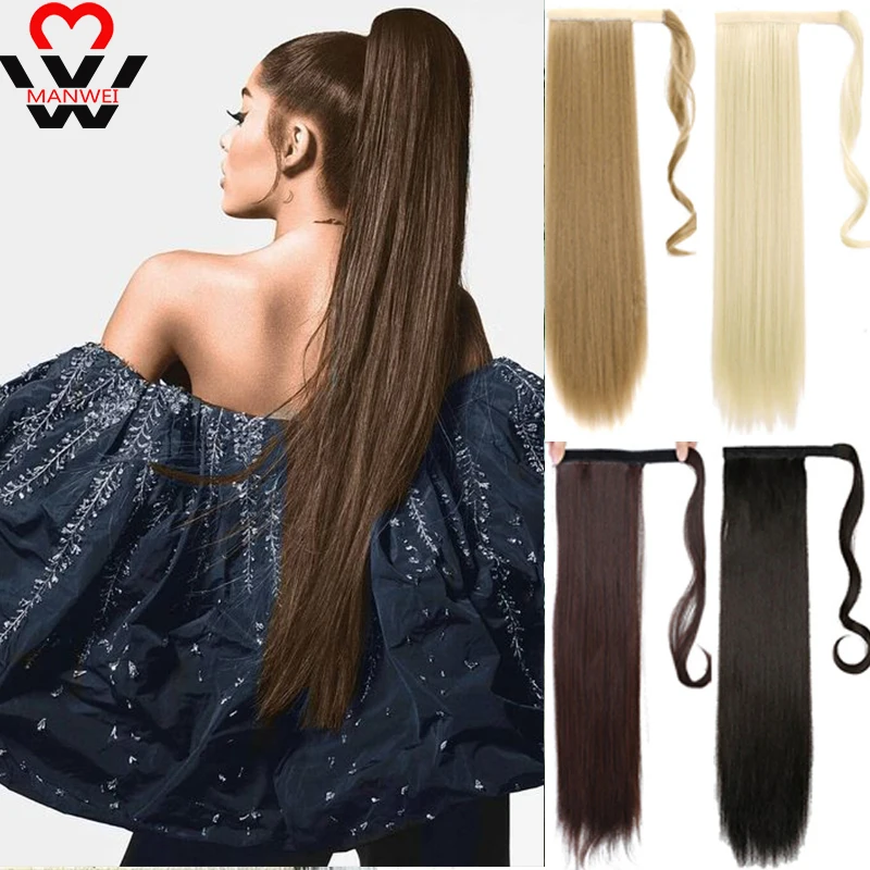

MANWEI women Long straight Real Natural Ponytail Clip in Pony tail Hair Extensions Wrap Around on Synthetic Hair Piece