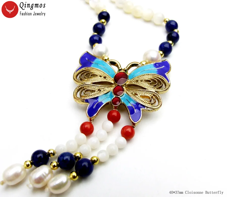 Qingmos Cloisonne 40*37 мм ожерелье с подвеской в виде бабочки для женщин с 6 мм натуральными белыми бусинами в виде раковины& Lapis ОЖЕРЕЛЬЕ 1" чокеры