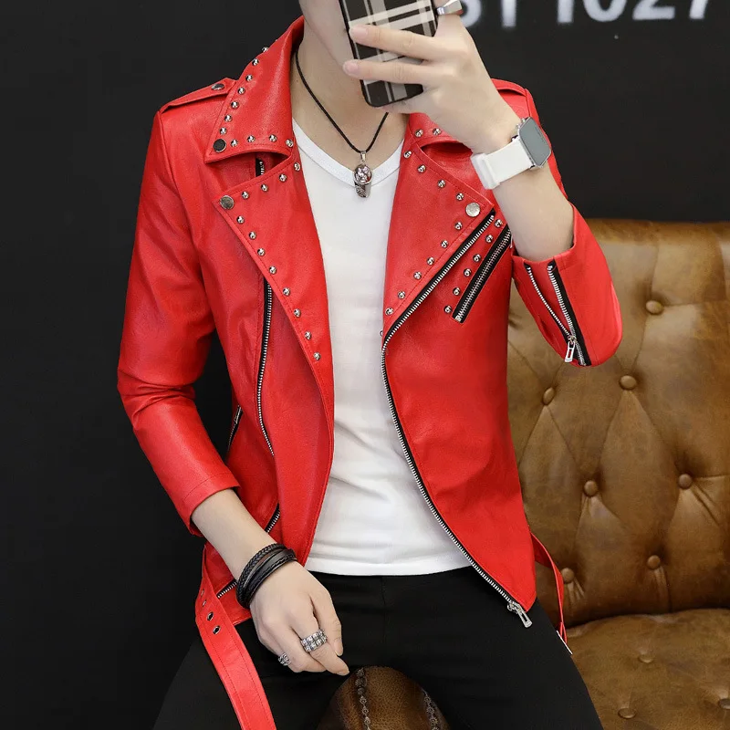 

men leisure type inclined zipper cultivate one's morality handsome young leather rivet trend of locomotive PU leather jacket