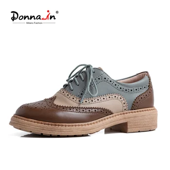 

Donna-in Autumn Retro Oxford Women Brogues Lace Up Genuine Leather Shoes Women With Heel Casual British Style zapatos de mujer