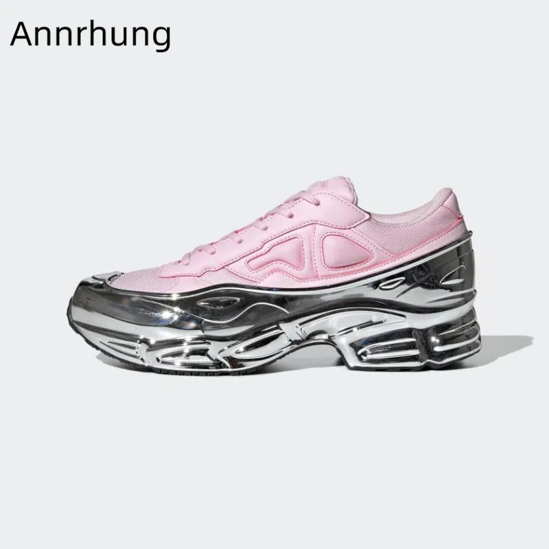 

New Chic Pink Sneakers Women Silver Chunky Platform Shoes Round Toe Lace Up Casual Flats Genuine Leather Thick Bottom Sneakers