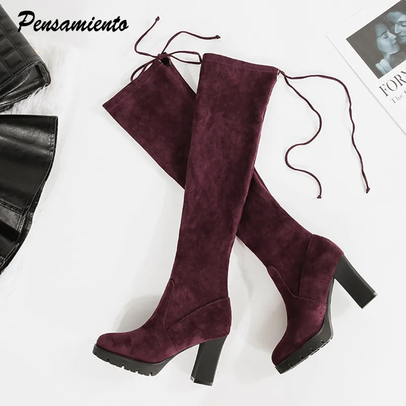 

2019 Winter Suede Women thing high boots Platform Wedges Stretch Slim Over the knee boots High heels Warm Long boots Shoes Woman