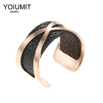 

Cremo Simple Adjustable Rings Rose Gold Stainless Steel Cuff Rings For Women Interchangeable Leather Bague Femme Bijoux