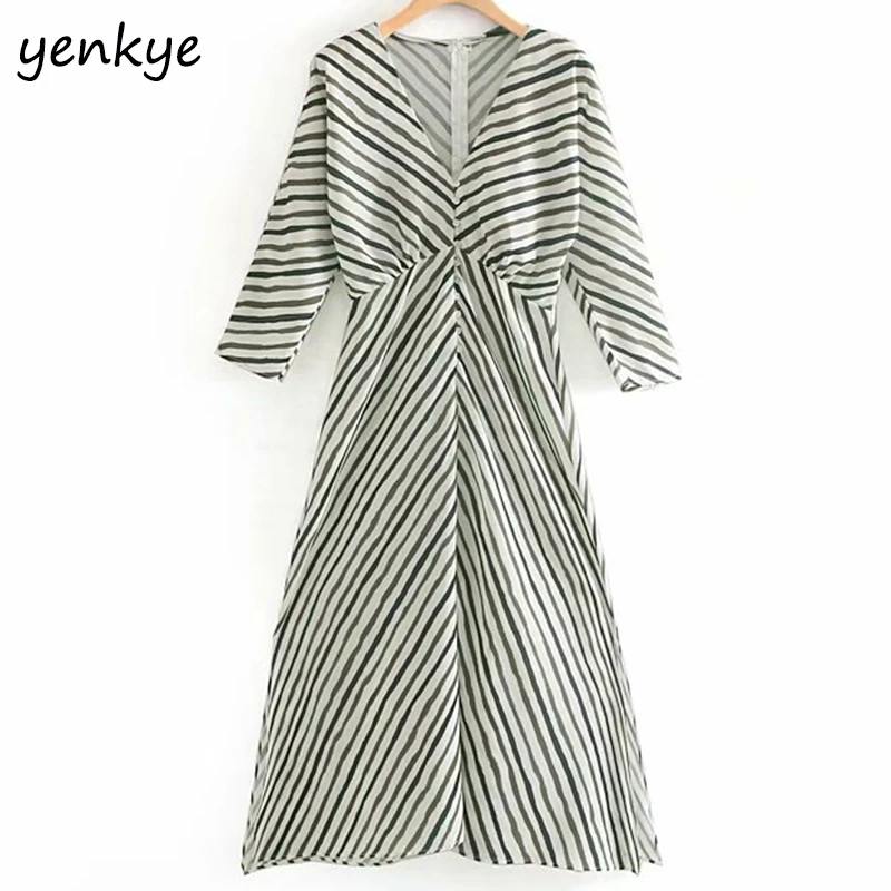 

2019 Women Vintage Striped Dress Female V Neck Long Sleeve Sexy Slits Slim A-line Autumn Long Dress XNWM8993