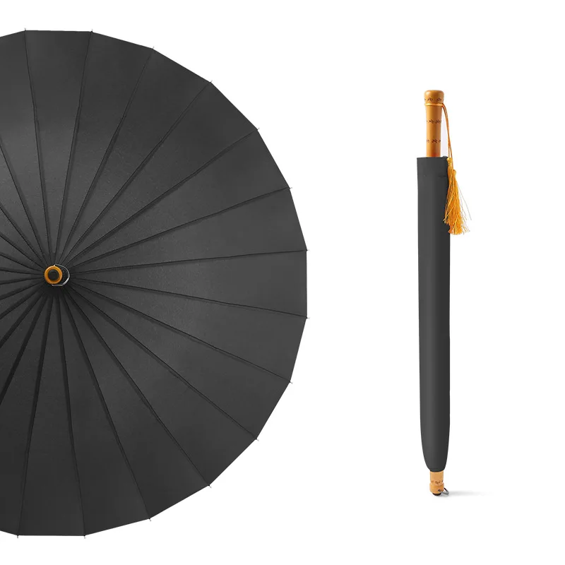 Высокое качество женский двойной большой зонт трость ветрозащитный с деревянной ручкой Зонты 24 к длинный зонтик модный - Цвет: black