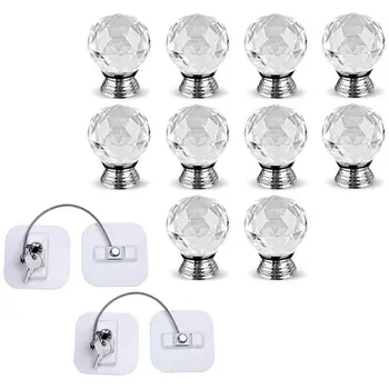 

2 PCS White Refrigerator Strong Adhesive Lock with 10Pcs 1.6 Inch Clear Crystal Glass Round Diamond Wardrobe Doorknob