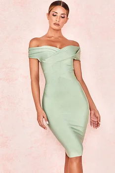 

Women Celebrity Light Green Slash Neck Bodycon Bandage Dress High Quality Cute Evening Party Dress