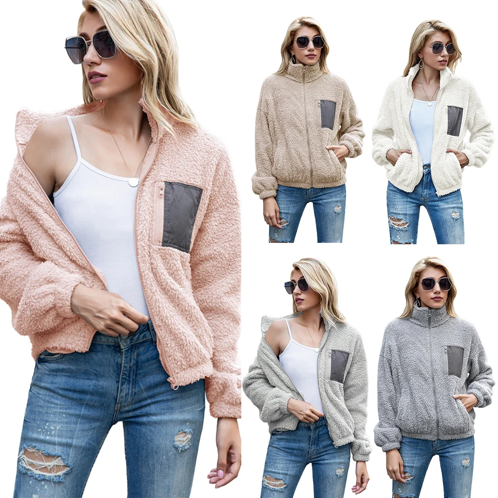 

BB Women Plush Coat Jacket Zipper Top Loose Long Sleeve Stand Neck Coat Zipper Pocket Winter Clothes Ladies Coats and Jackets