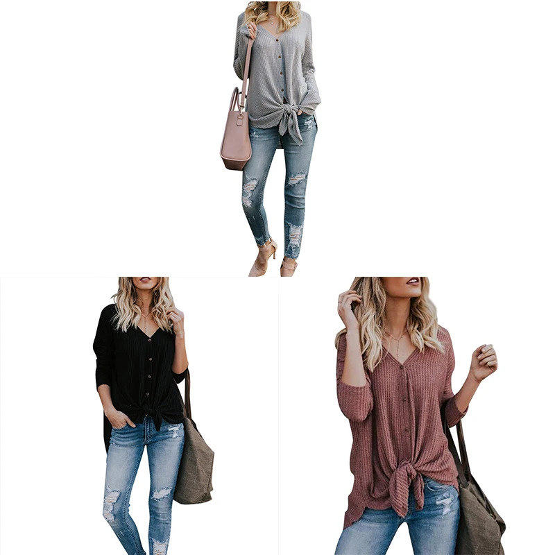 

Basic Women Simple Autumn Solid Color Warm Long Sleeve Cute Button Irregular Loose V Collar Sweater New