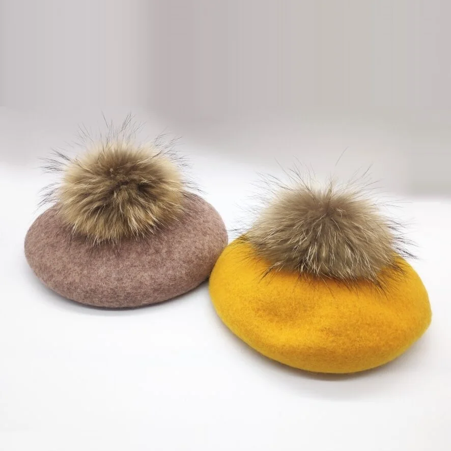 Новинка, зимний женский Повседневный теплый шерстяной берет, шапка со съемным натуральным мехом енота, помпон, шапка в виде тыквы