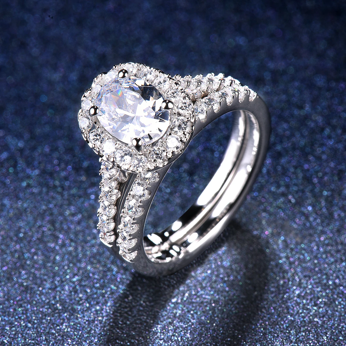 Реальные 925 пробы Серебряное обручальное кольцо для Для женщин 1,5 карат классический овальной формы с бриллиантом CZ гало кольца комплекты 2-в-1 для невесты